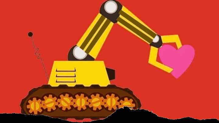 A piece of heavy machinery lifts a heart. Cartoon-style.