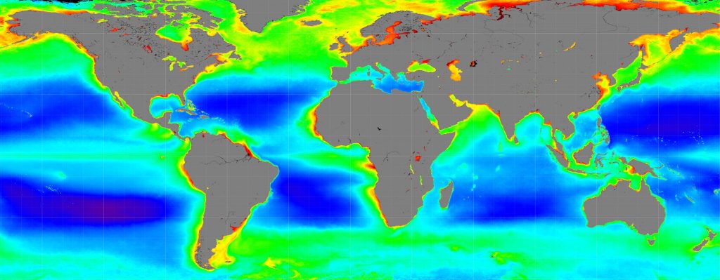 Ocean temperature and acidification is shown in this NASA image.